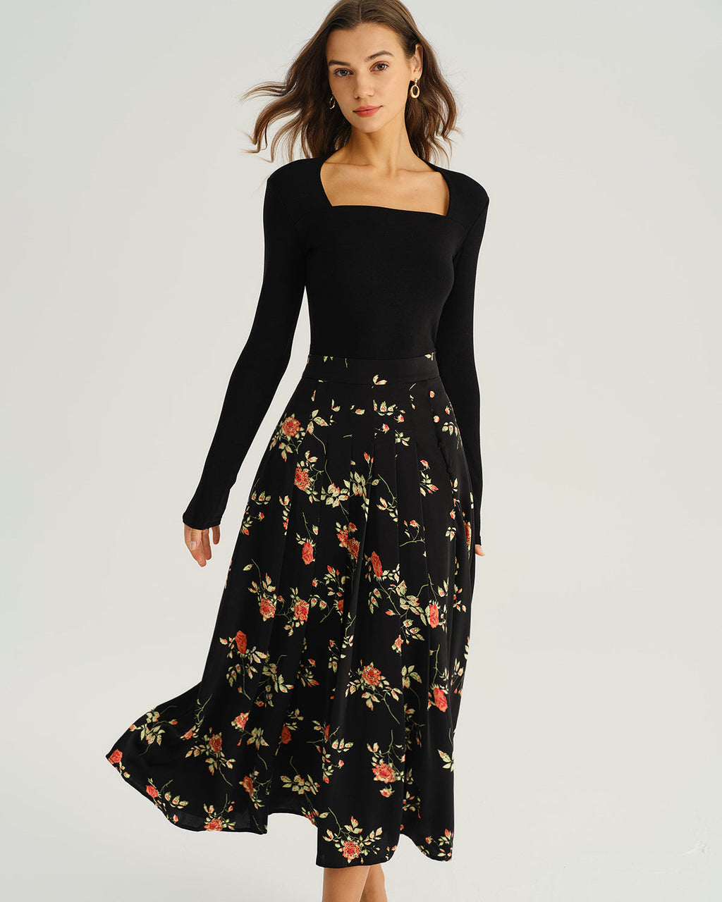 Black Floral Summer Midi Skirt