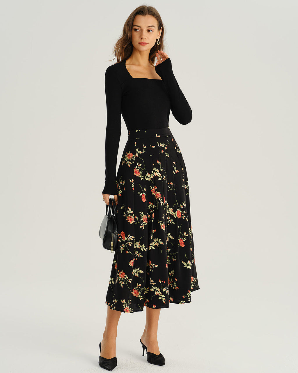 Black Floral Summer Midi Skirt