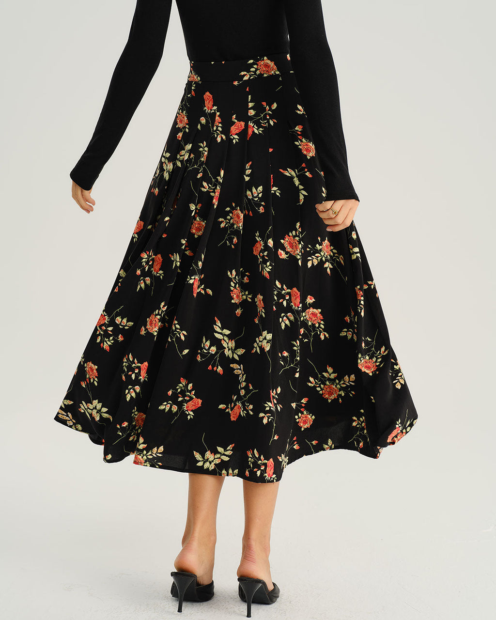 Black Floral Summer Midi Skirt