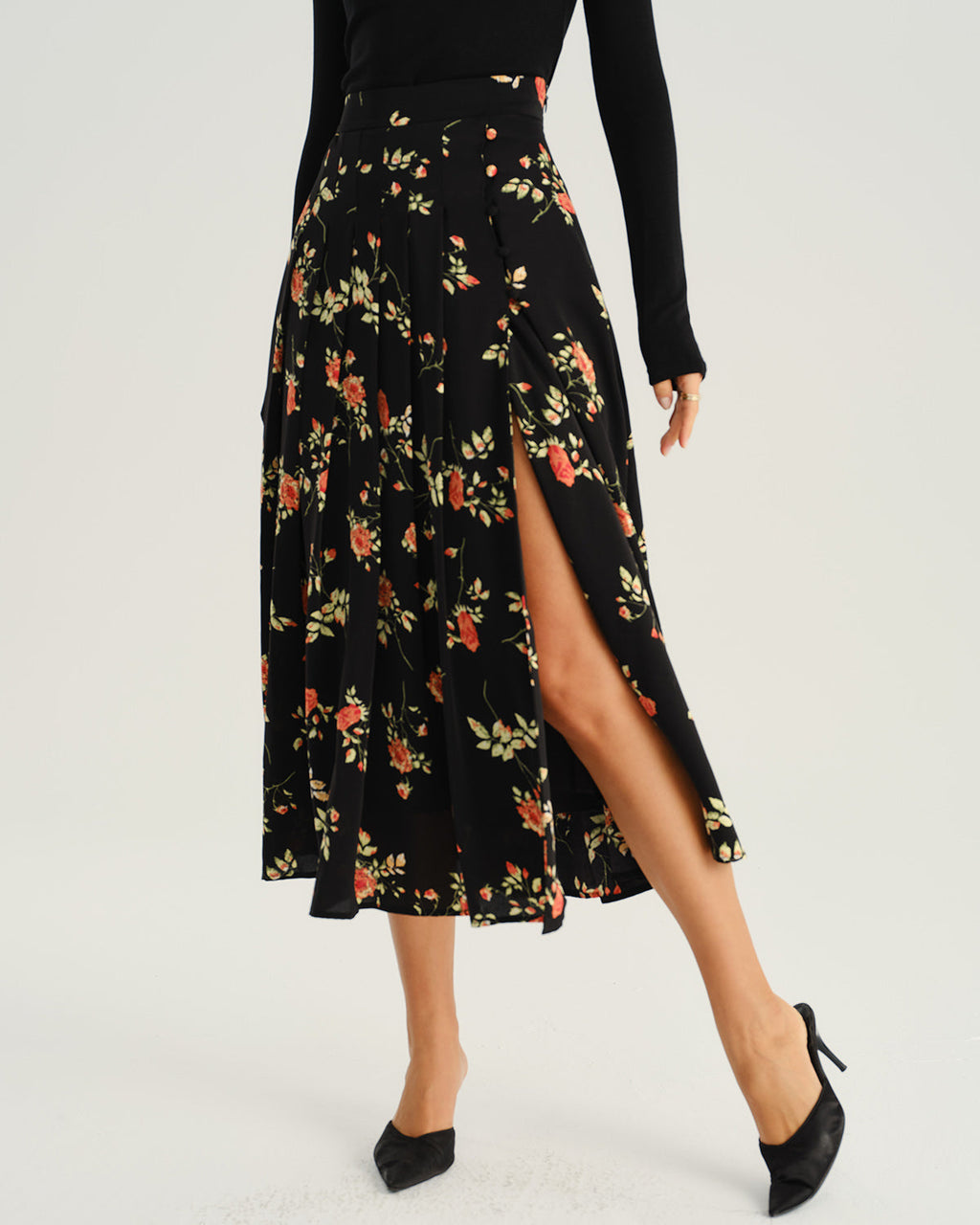 Black Floral Summer Midi Skirt